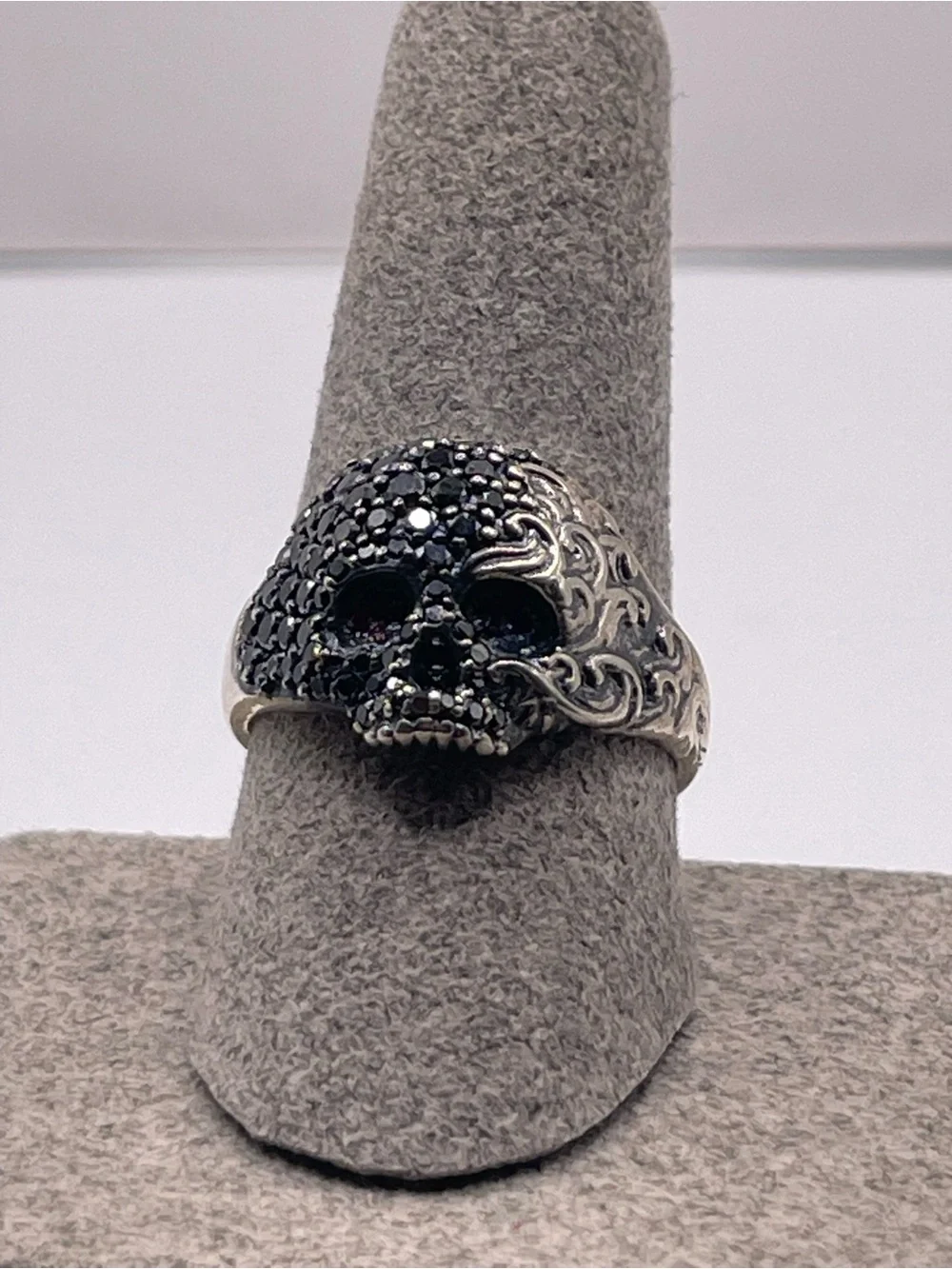 David Yurman Sterling Silver Skull Ring with Black Diamonds and Rubies